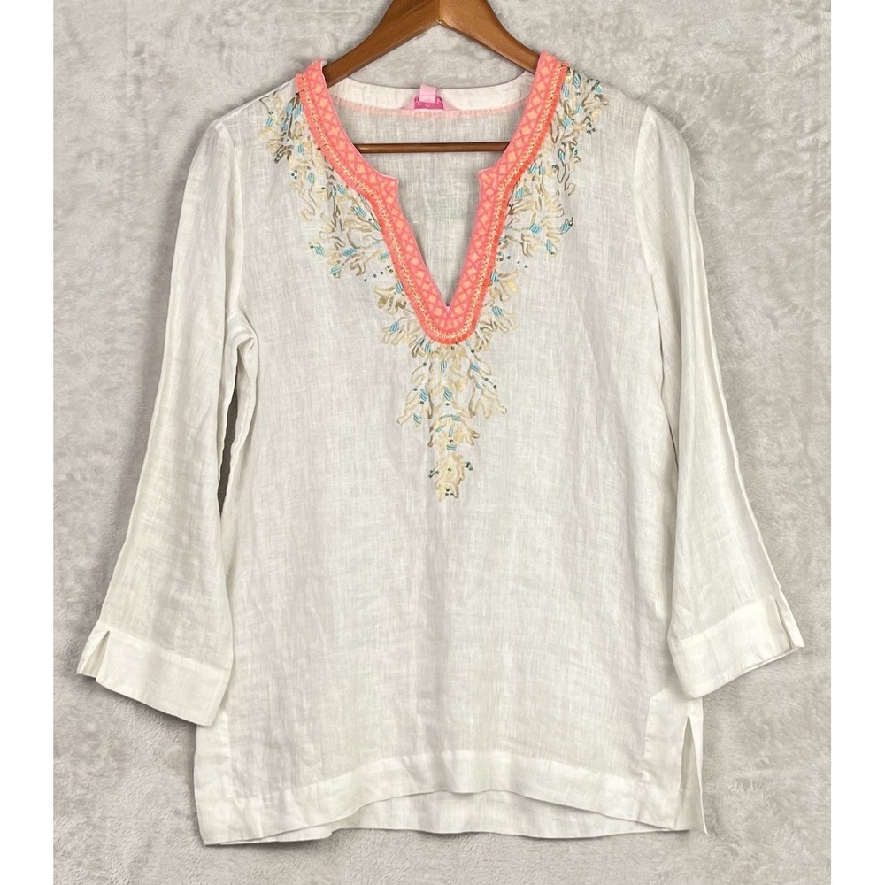 Lilly Pulitzer Linen Tunic Small Amelia Island White Embroidered Beachy Coastal